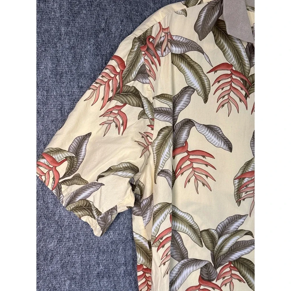 Tori Richard Mens Large Yellow Tropical Heliconia Palm Print Polo Hawaiian Shirt